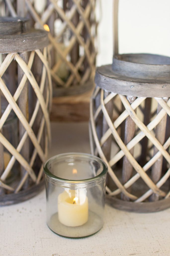Grey Willow Cylinder Lanterns With Glass Inserts - Set of 4