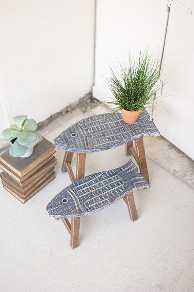 set of 2 wooden fish stools