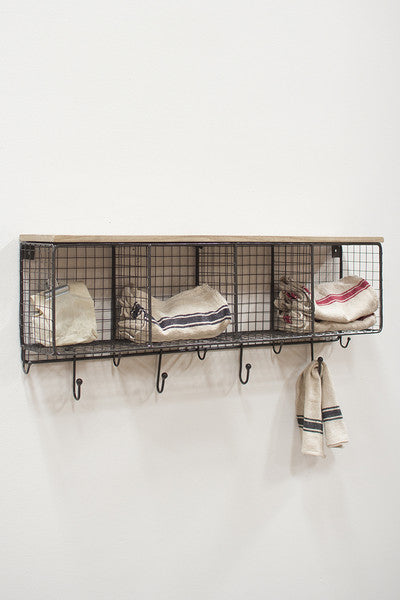 large wire mesh four horizontal cubbies with wooden top
