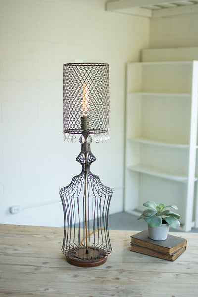 small wire table lamp with metal mesh shade & hanging gems