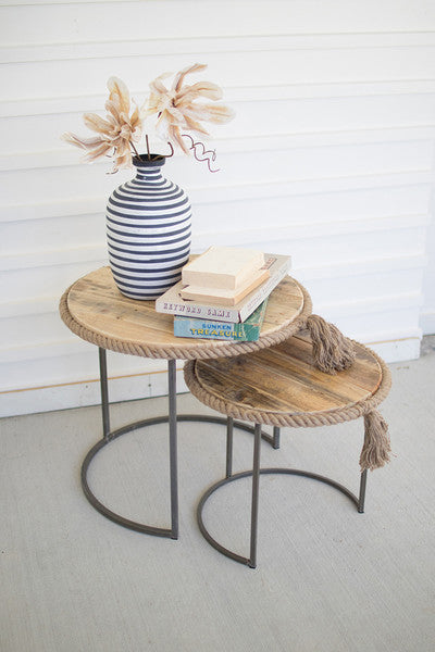 Round Nesting Tables With Recycled Wood With Rope Accent - Set of 2