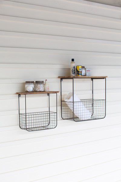 Wire Basket Shelves With Recycled Wood Tops - Set of 2