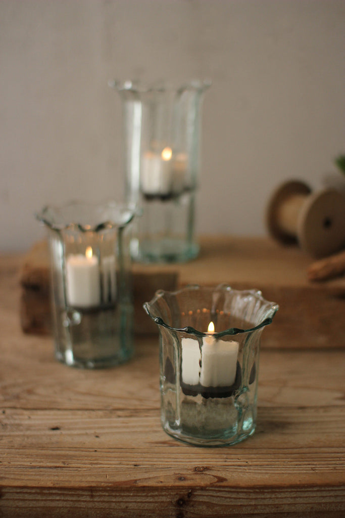 Recycled Glass Ribbed Votive Cylinders - Set of 3