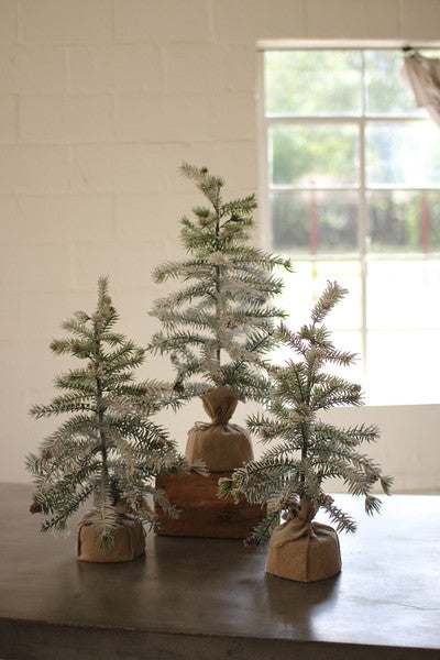 Artificial Pine Trees With Snow Detail And Burlap Pot - Set of 3
