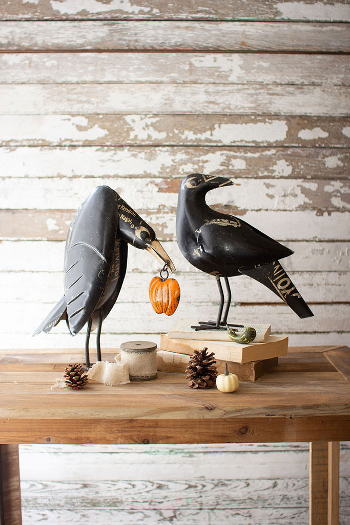 Recycled Iron Crows Holding A Pumpkin - Set of 2
