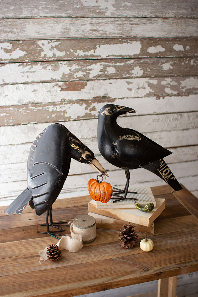 Recycled Iron Crows Holding A Pumpkin - Set of 2