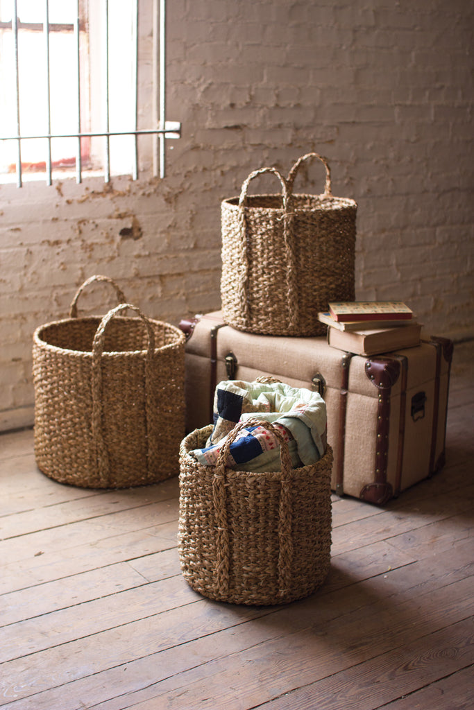 Round Braided Seagrass Storage Basket With Handles - Set of 3
