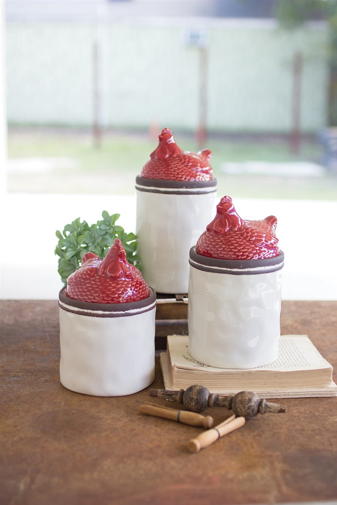 Red Ceramic Rooster Top Canisters - Set of 3